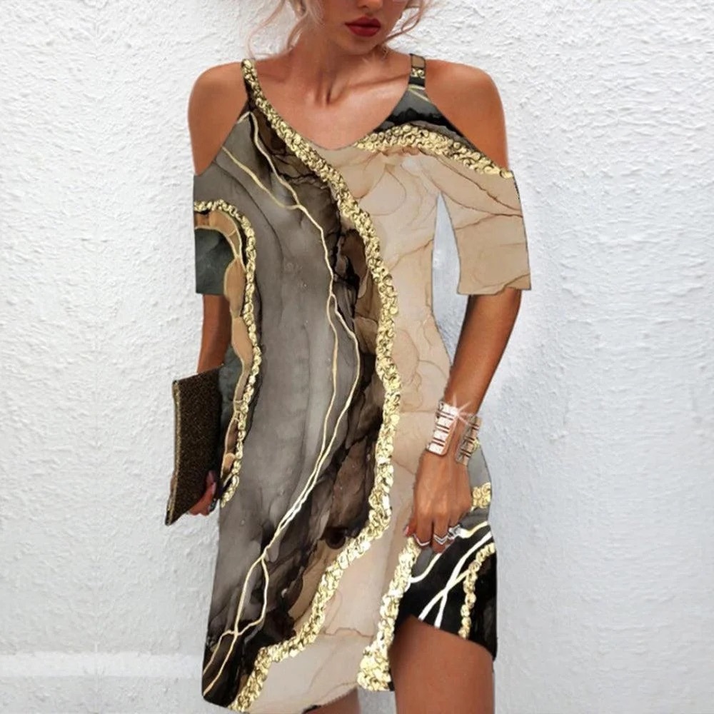 Marble Print Multicolor Shoulder Cut Out Dress